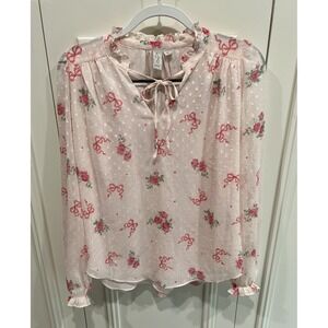 JOIE Pink Rose Bow Print Blouse Size Medium Ruffle Neck Balletcore‎ Cottagecore